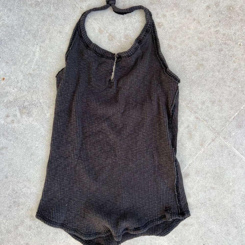 Free People Black Cotton Backless Halter Top Distressed Boho Size Medium